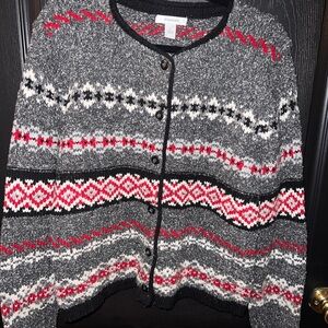 Dressbarn Black and Gray Knit Sweater with Red Pattern